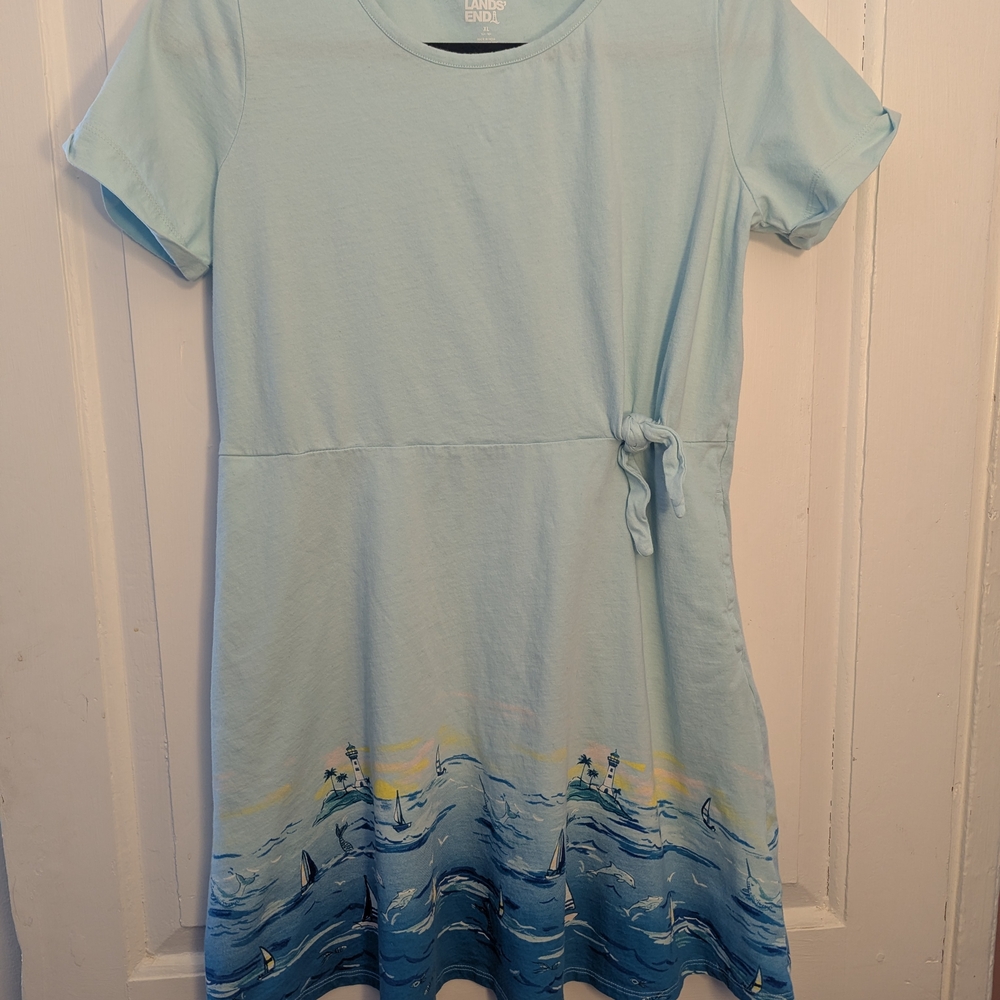 Lands' End Pale Blue Ocean Wave Tie-Waist Dress